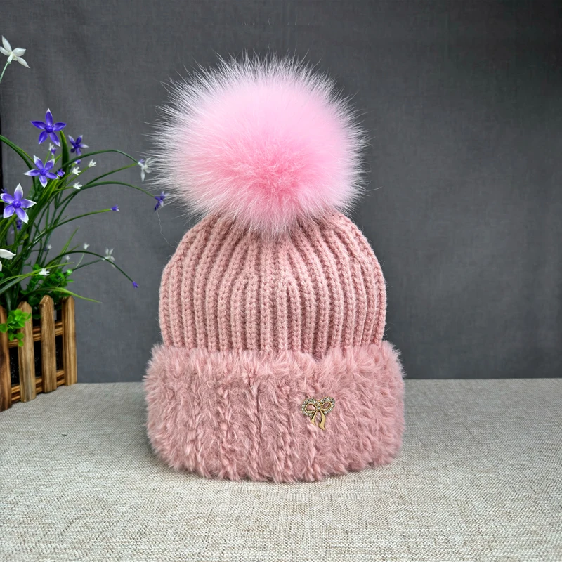 2025 Natural fur pompom hat Winter Knitted Hat Outdoor Cycling travel Warm Cap Casual High quality Fashion Hats beanies