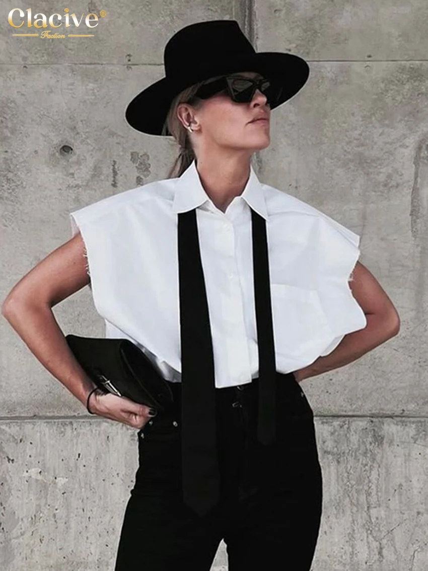 

Clacive Fashion Loose White Cotton Women's Shirt 2025 Casual Lapel Sleeveless Shirts Elegant Classic Solid Crop Top Female