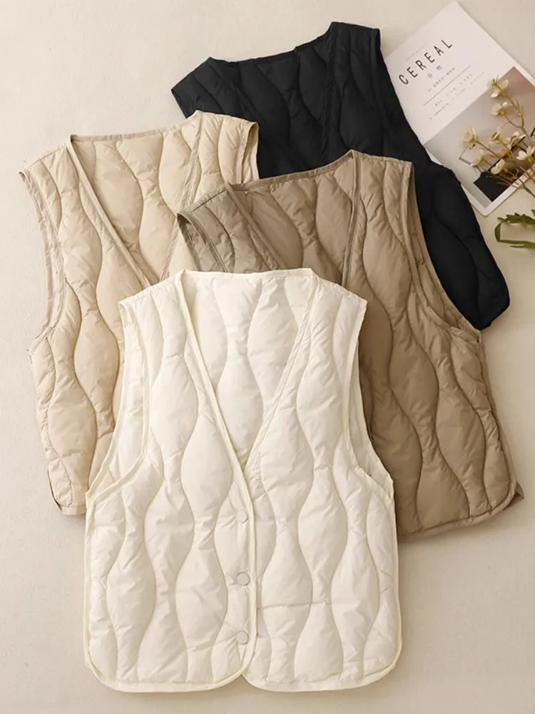 Light Weight Duck Down Women Vest 2024 New Autumn Winter Fashion Simple V-Neck Slim Waistcoat Female Sleeveless Quilted Jackets