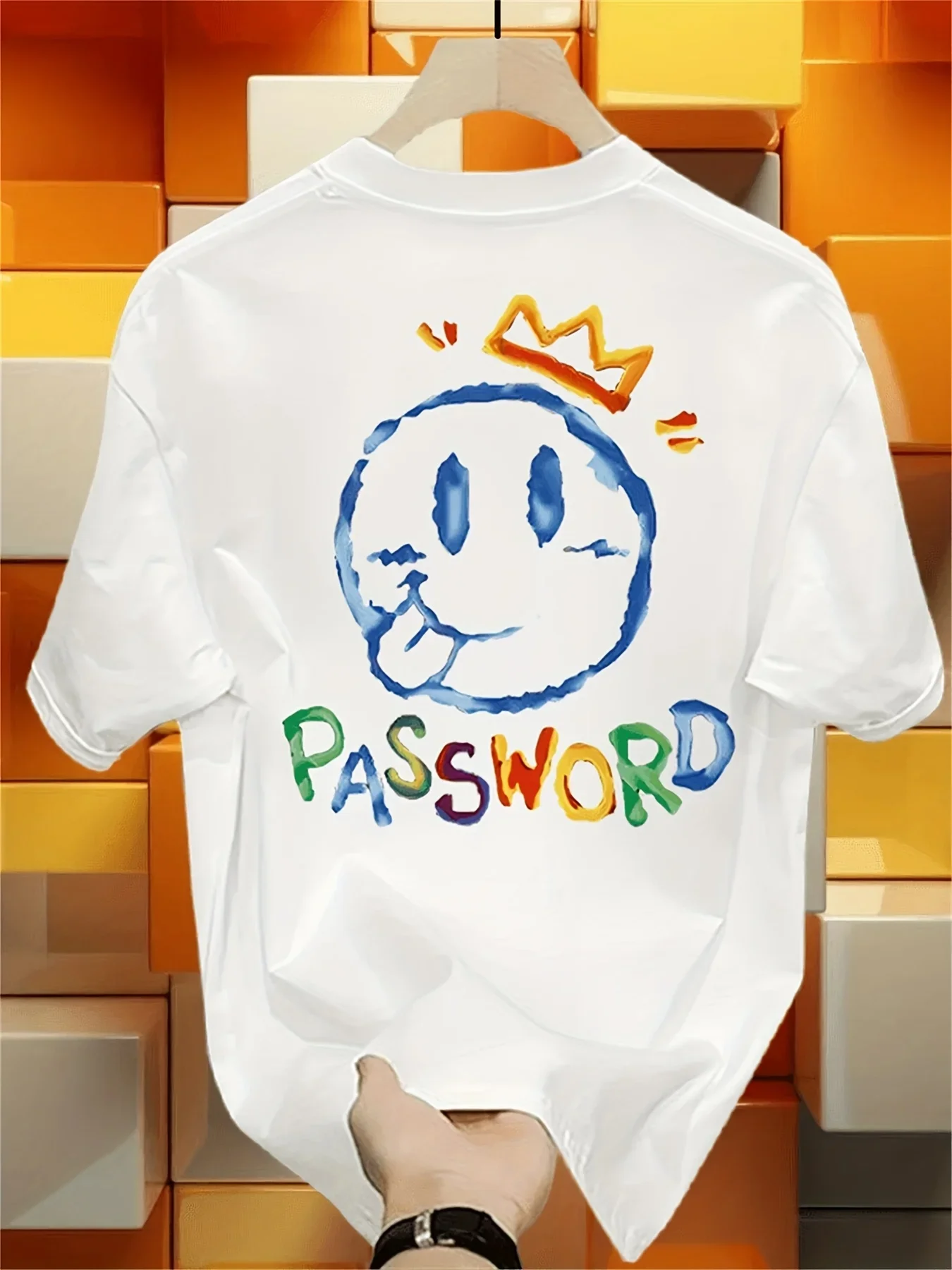 Tie‑dye Multicolor Hand‑painted Font Crown Chest Print Smiley Back‑print T‑Shirt Casual Black Oversized Unisex Tees
