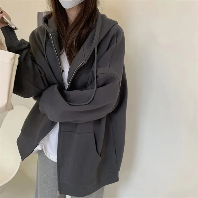 Damskie solidne bluzy z kapturem płaszcz Harajuku podstawowe z długim rękawem wiosna jesień luźny zamek błyskawiczny Casual bluzy oversize kurtka z kieszenią
