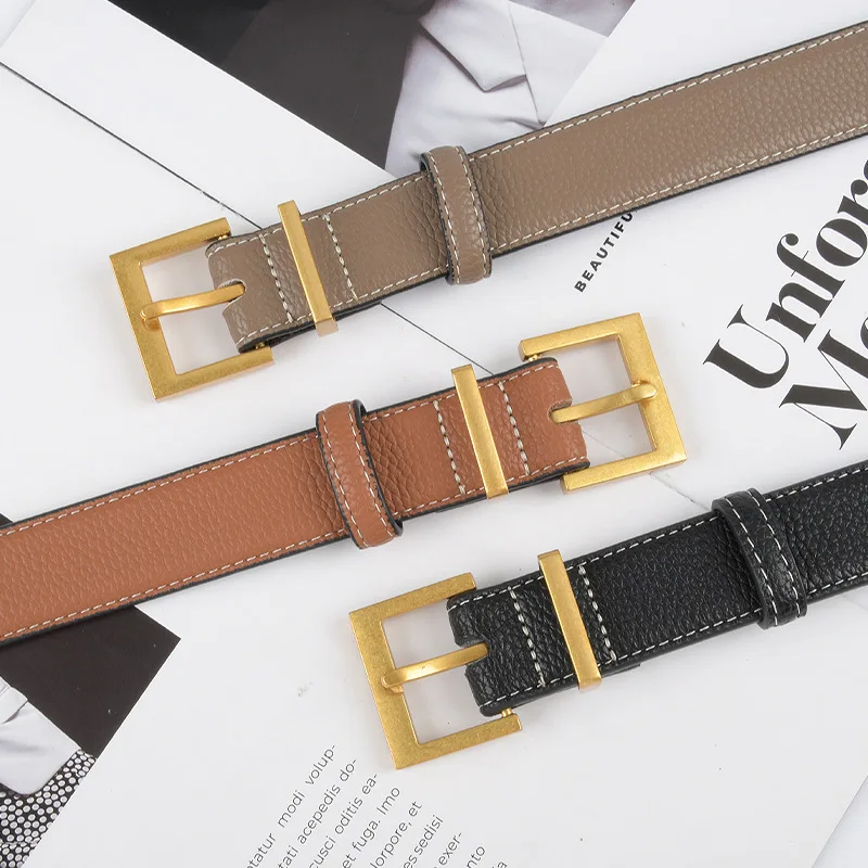 New Lychee Patterned Top Layer Cowhide Leather Women\'s Belt Minimalist Fashion Belt Jeans Casual Pants Decorative Belt