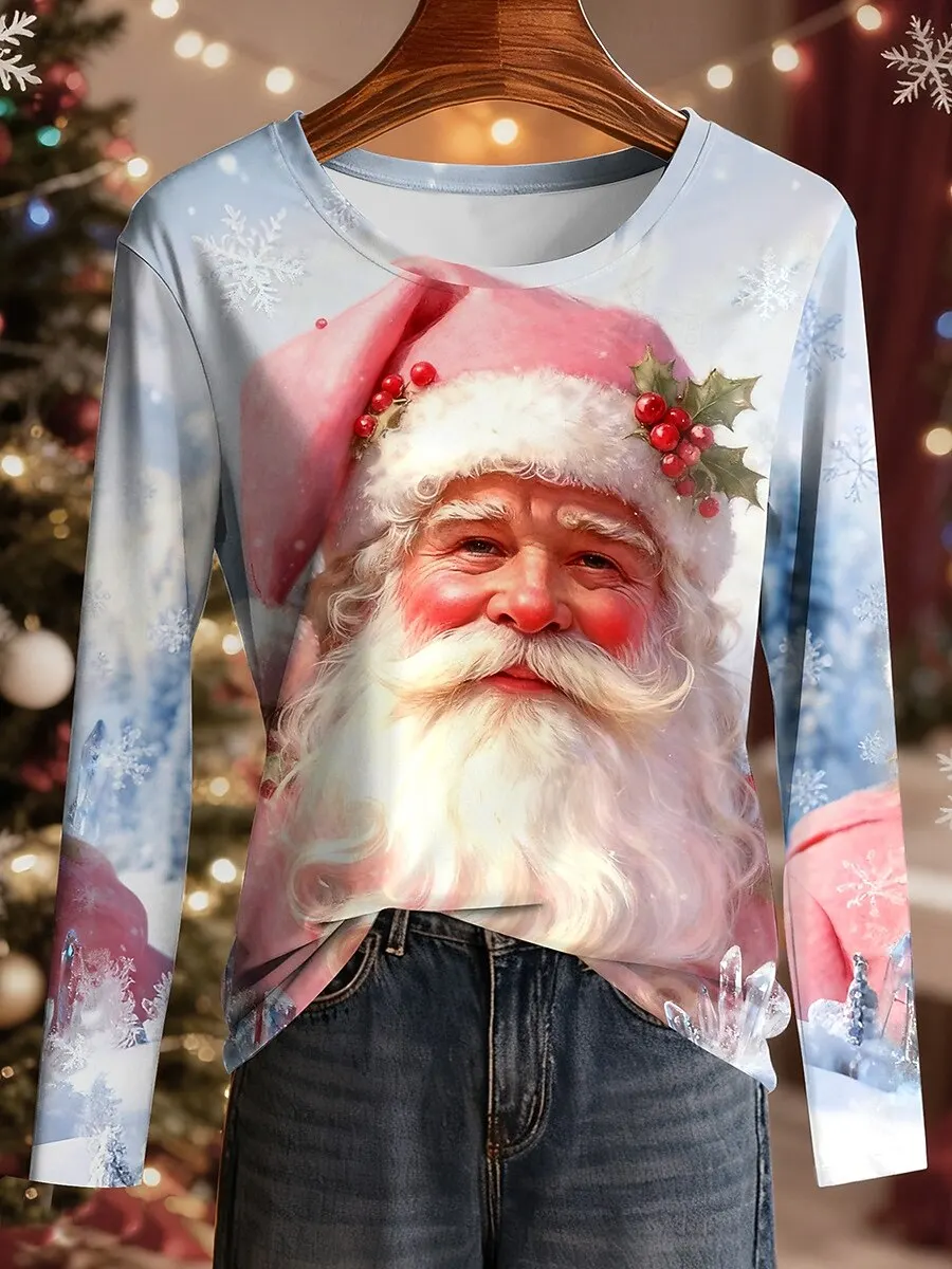 

3D Print Santa Clause Graphic Women's T-Shirt Christmas Theme Long Sleeve Pullover Tops Fashion Creative Design Comfortable Tops