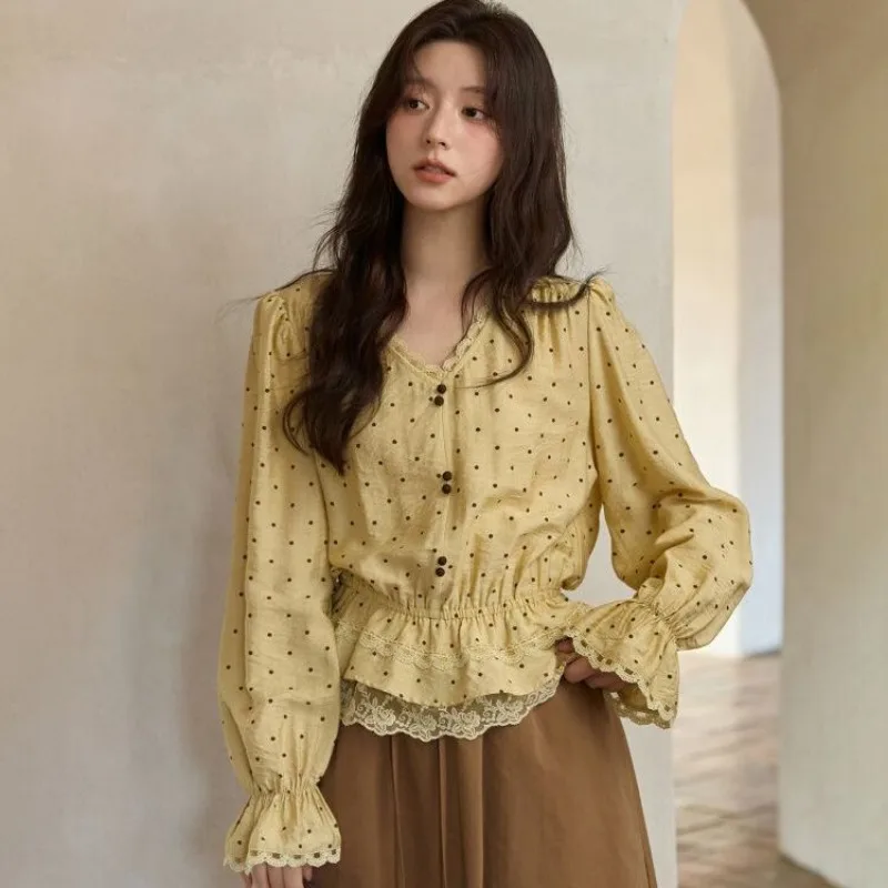 

Женская одежда, пуловер с длинными рукавами, желтый кружевной топ в горошек с v-образным вырезом