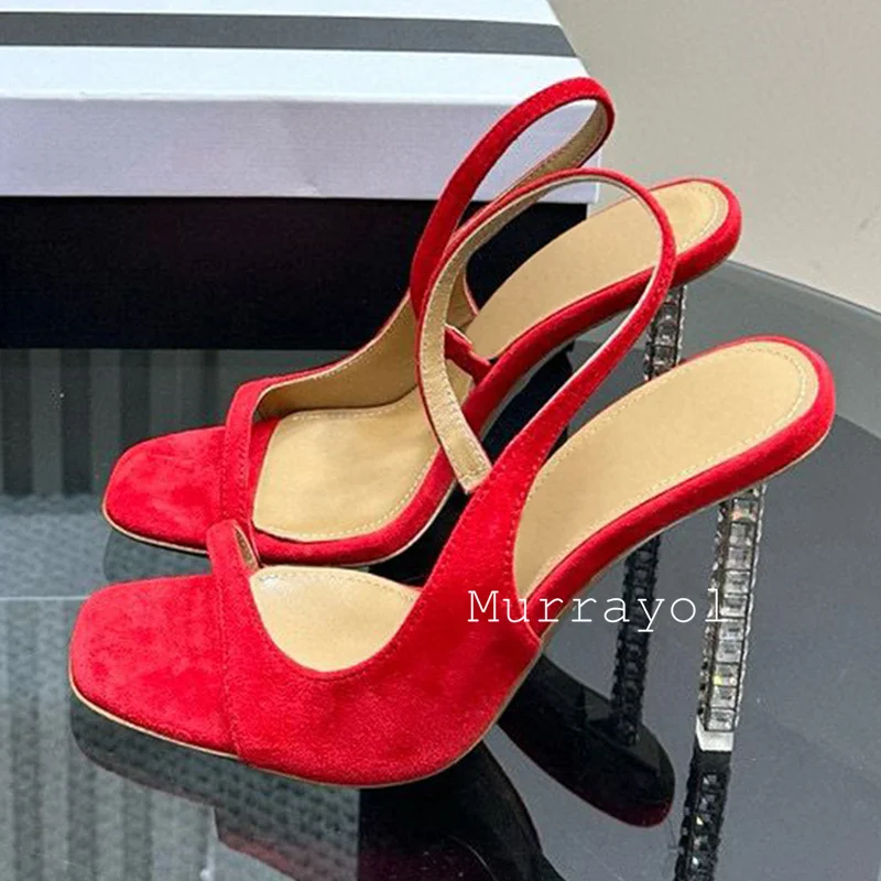 

New Square Toe Cow Suede One Strap Sandals Women Rhinestone Thin Heels Sandalias Summer Party Dress Shoes Wedding Shoes Pumps