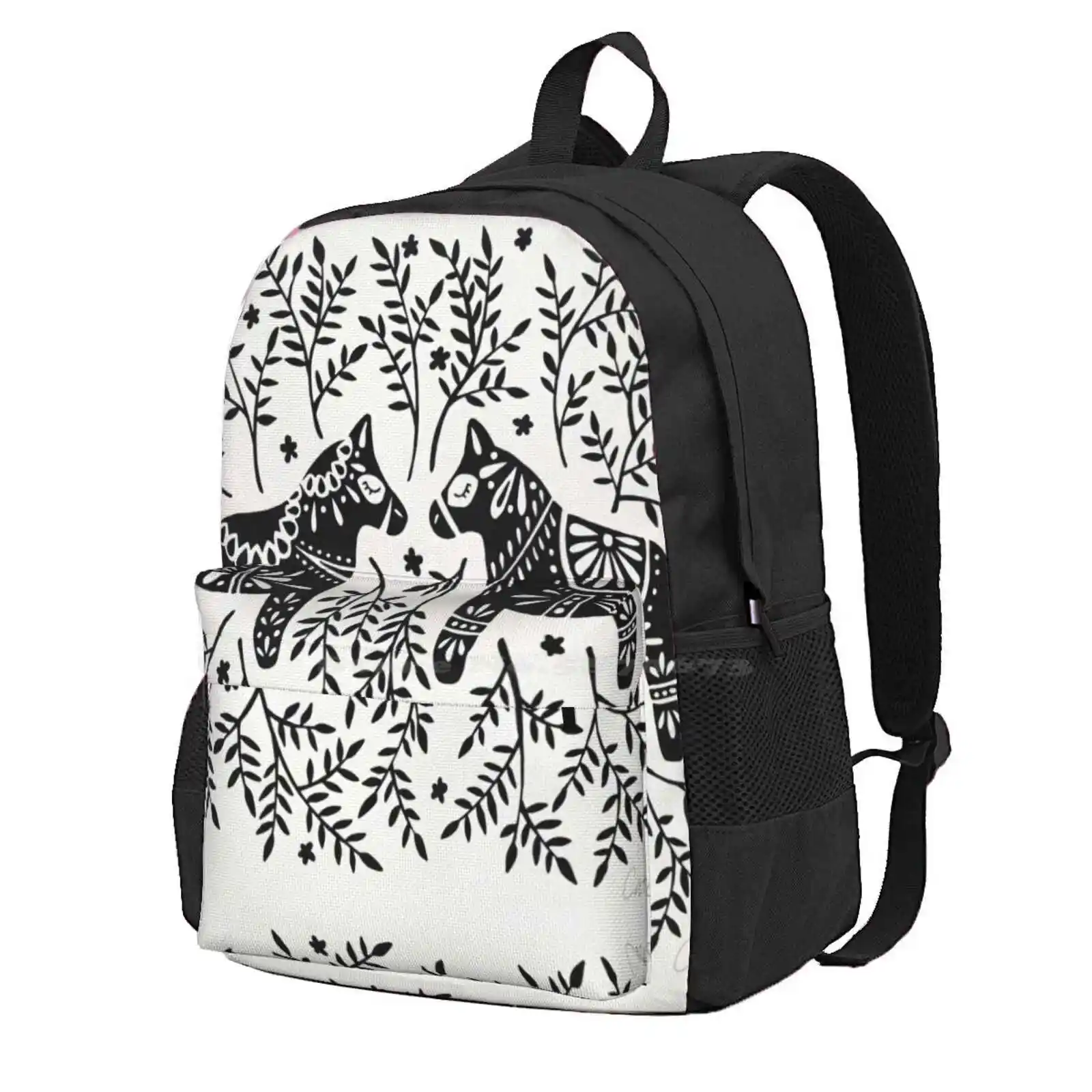 Swedish Dala Horses – Black Palette Hot Sale Schoolbag Backpack Fashion Bags Sweden Swedish Dala Horses Animals Red Symmetrical