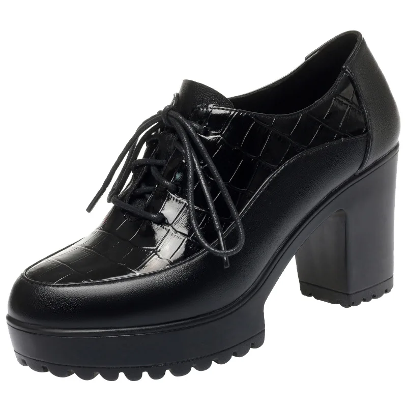 Deep Mouth Soft Leather Shoes Women Oxfords Platform Pumps High Heels Shoes Black Lace up Office Work Pumps Shoes Comfortable