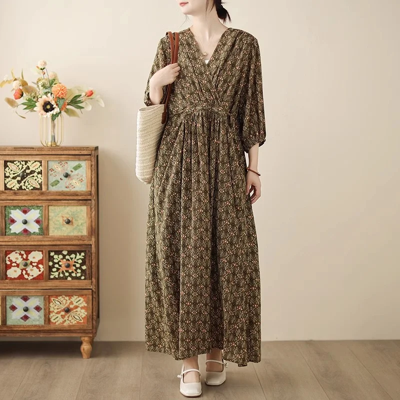 French Tea Dress SS2025 - Cross Collar Midi Sleeve Artistic Floral Print Bohemian Summer Dress with Seven-Panel Sleeve (G216)