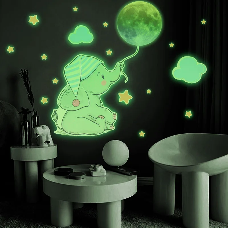 Luminous 3D adesivos de parede, lua, estrelas, pontos, bebê, elefante, unicórnio, adesivo, quarto de criança, quarto, decoração de casa, decalques