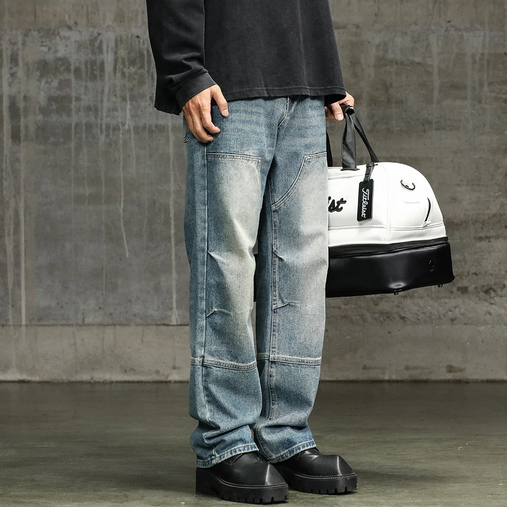 

American New Fashion Men's Washed Blue Solid Color Casual Trendy Wide Leg Straight Loose Spliced Denim Cargo Trousers Male Pants