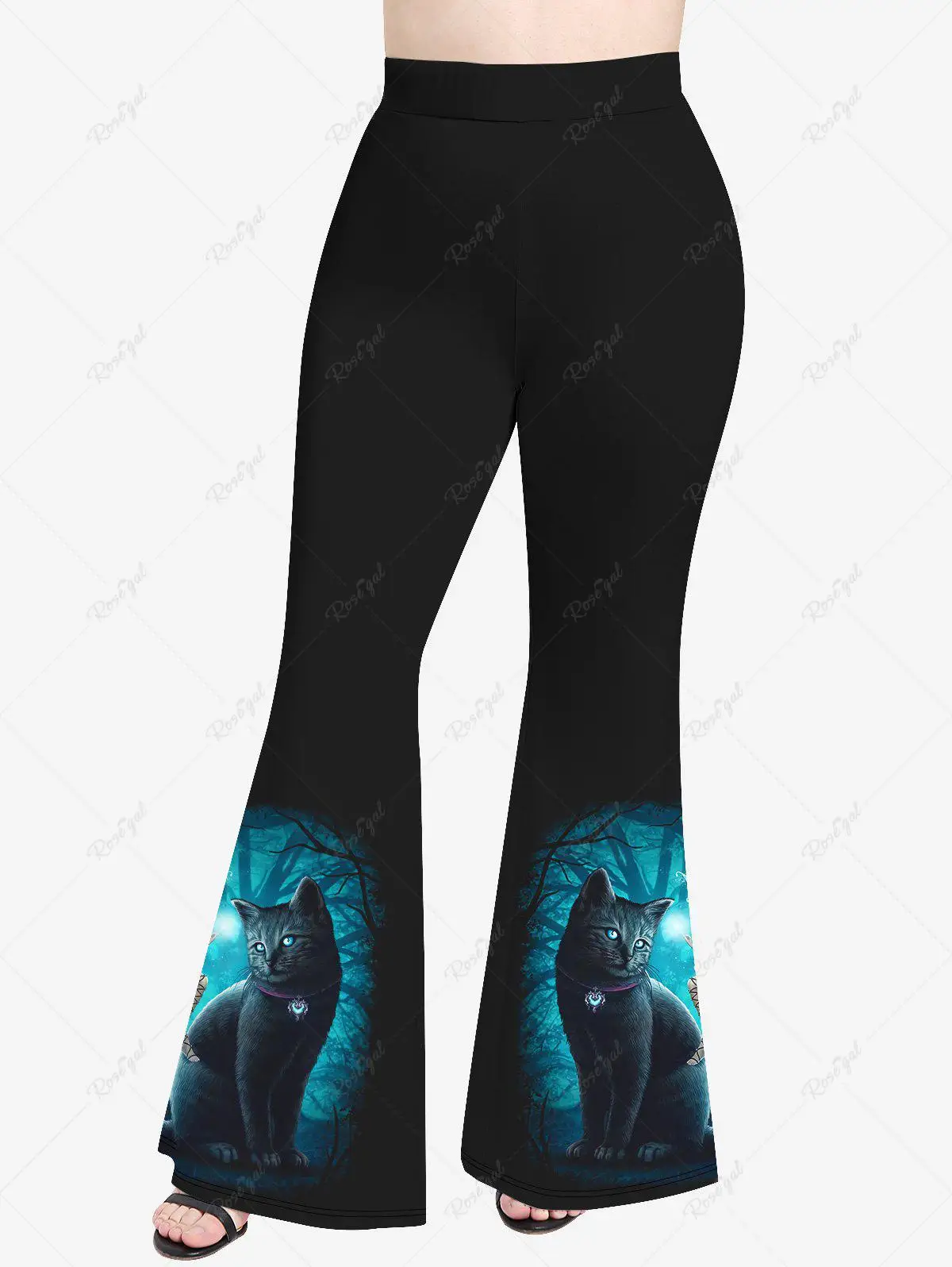 Plus Size Printed Halloween T-shirt Or Flare Pants Women\'s Casual Cat Butterfly Angel Tree Moon Glitter Tee Or Wide-leg Pants