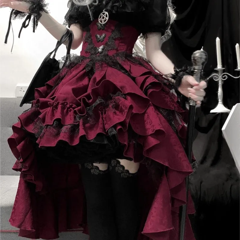 Dark Goth Wind Black Shirt Red Lift Skirt Suit Dress