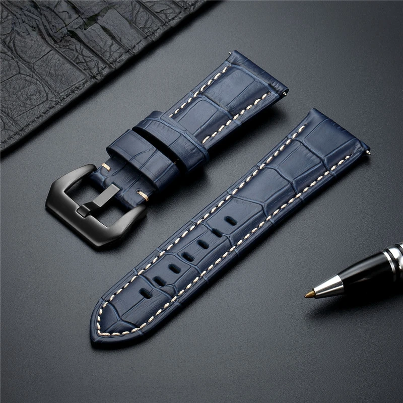 New 20 22 24 26mm Genuine Leather Watch Band Strap Blue watchband Watch Accessories Bracelet with Solid metal Buckle