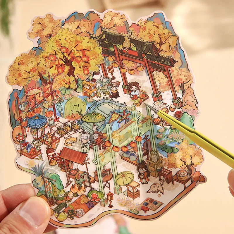 2Style 6Pcs/bag ancient style three-dimensional scenic house stickers kawaii children stickers DIY handbook leisure