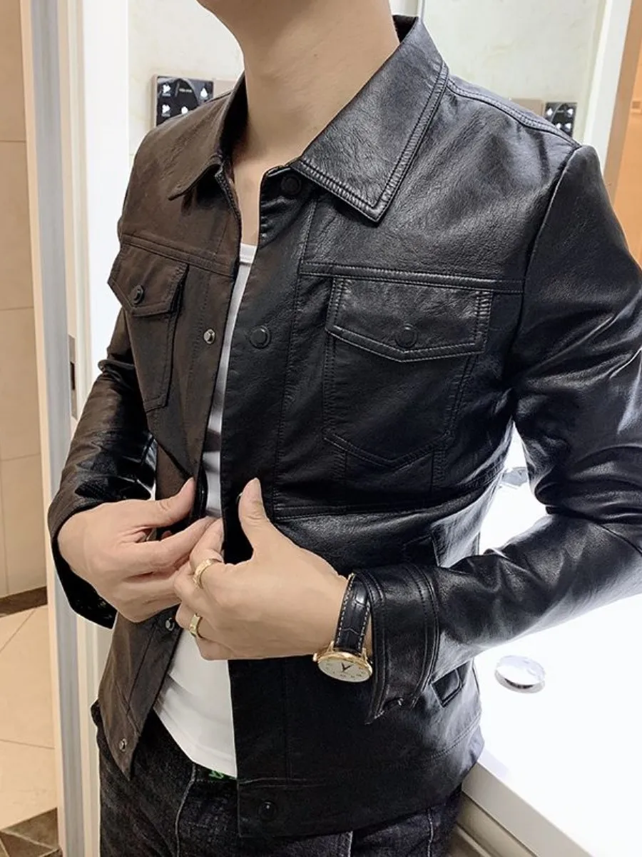 

Men's Biker Sle Leather Jaet Windproof Simple Design ort Fit Casual Faion Urban Long Sve Winter New Arrival