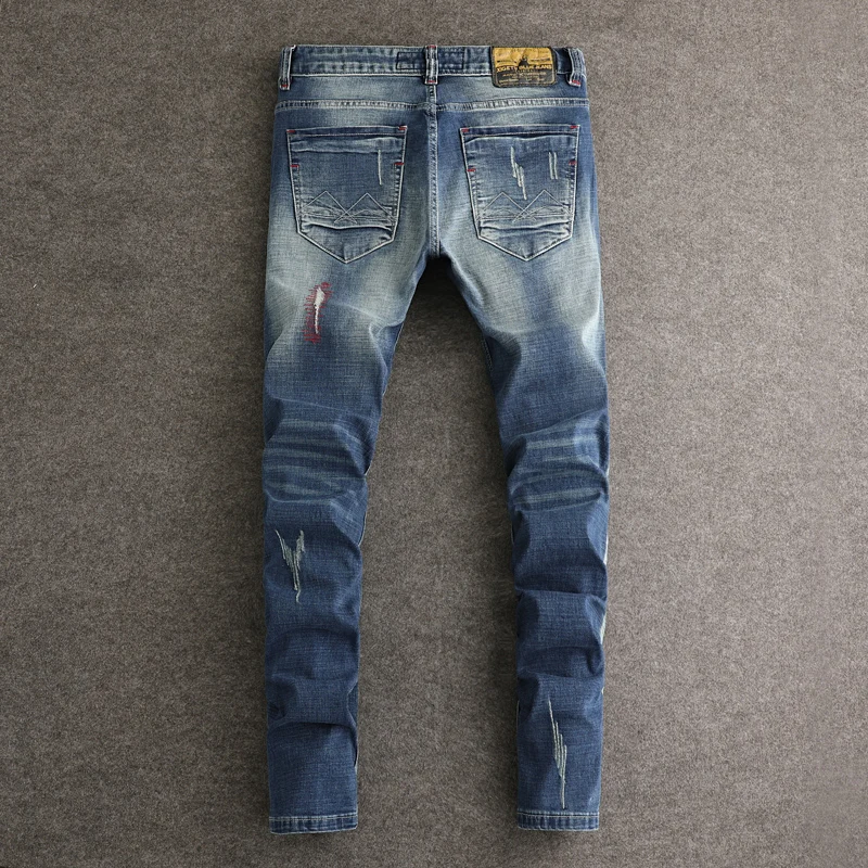 Street Fashion Men Jeans High Quality Retro Blue Stretch Slim Fit Ripped Jeans Men Embroidery Designer Vintage Denim Pants Homme