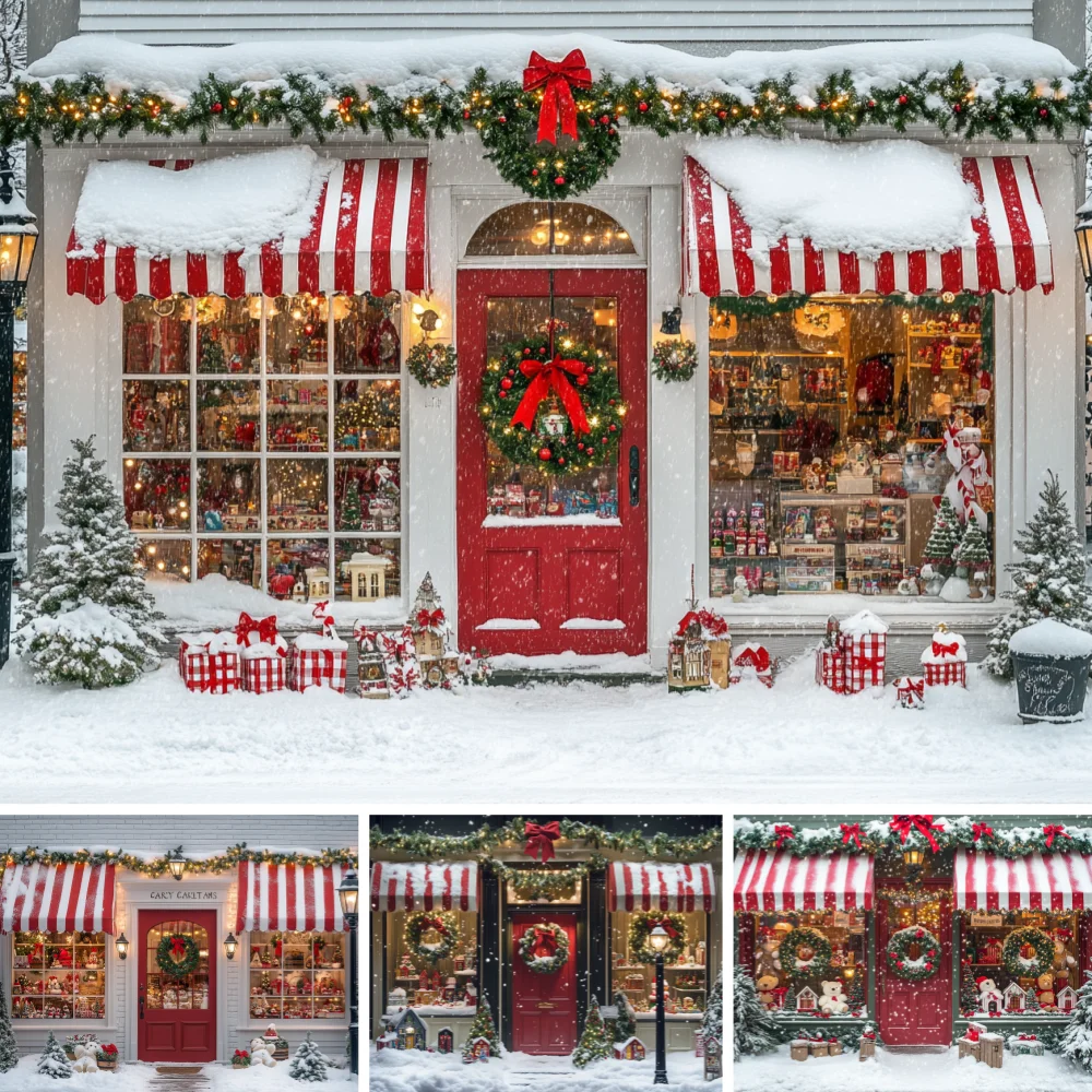 Winter Snow Christmas Shop Front Backdrop Red Door Wreath Xmas Tree Gift Box For Family Holiday Portrait Studio Background Cloth