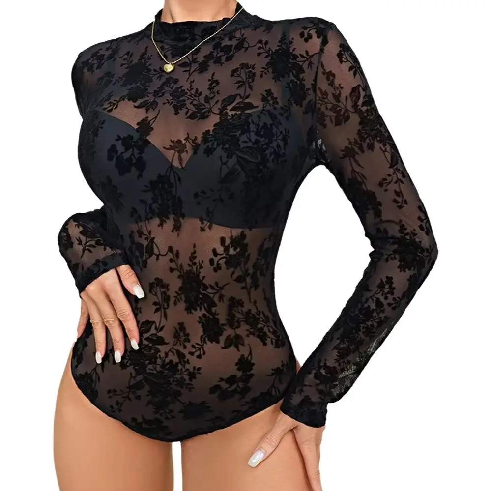 

New Sexy European And American Style Mesh Flocked Bodysuit Lingerie Transparent Hollow out Design Pure Desire Sensual Underwear