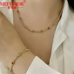 18K Colorful Gold Cuban Bracelets Necklace for Women with Natural Colored Sapphire Yellow Gold Colour Chain Luxury  Jewelry Gift