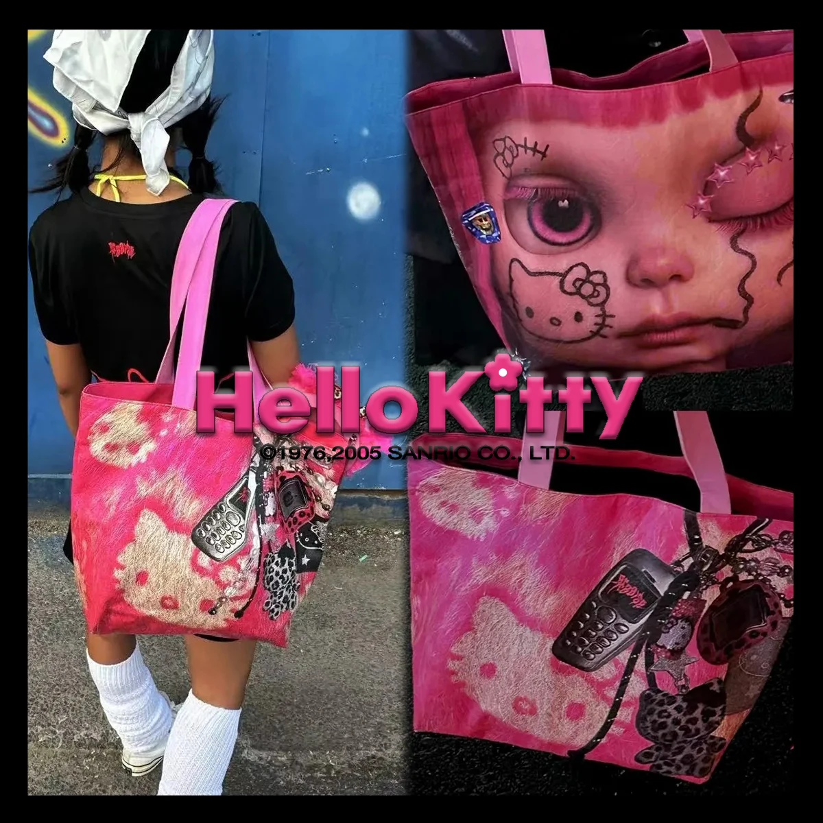 

Kitty White Kt Cat Y2k Aesthetic Kitty Baddie Эстетическая двусторонняя сумка через плечо большой вместимости Сумка-тоут