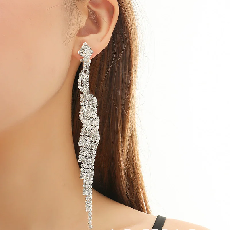 FYUAN Fashion Long Tassel Crystal Drop Earrings for Women Silver Color Rhinestone Hanging Dangle Earring Bridal Wedding Jewelry