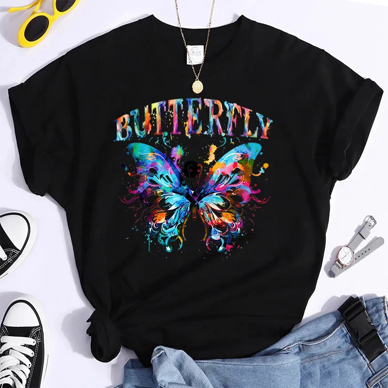 

100% Pure Cotton Butterfly Print Solid Crew Neck T-Shirt, Short Sleeve Casual Every Day Top For All Season, Women's Clothing