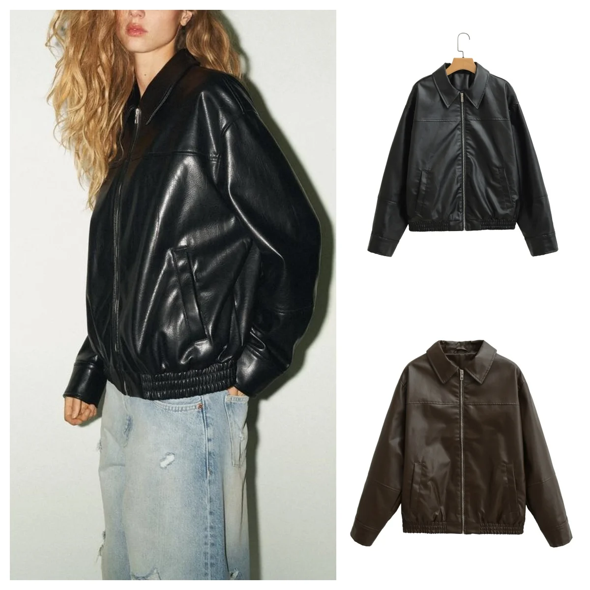 

European and American style 2025 autumn new fashion versatile zipper PU imitation leather jacket