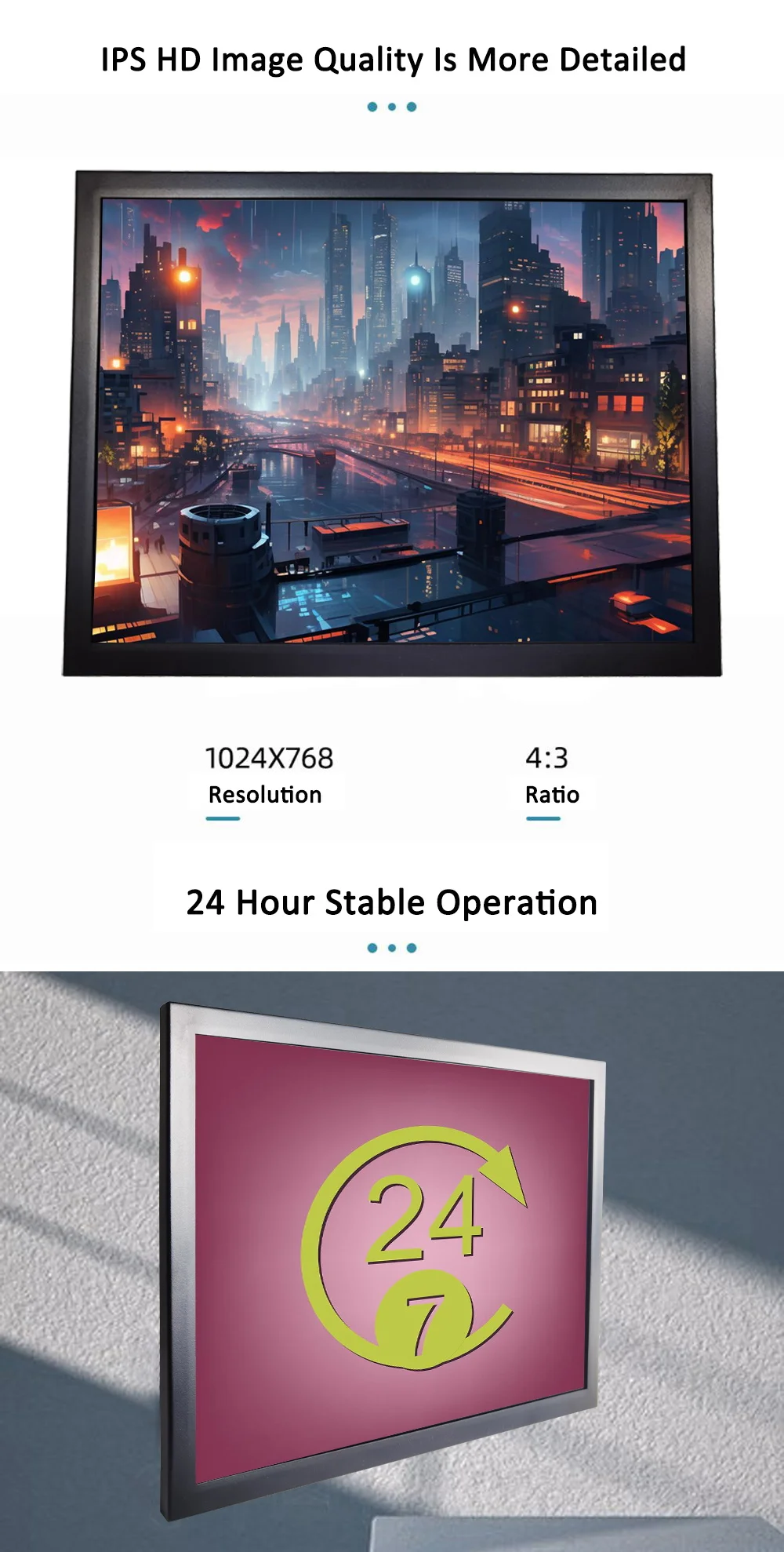 10,1/12,1/15/15,6/17/18,5/19/21,5 Zoll Neuer A-Screen IPS 24/7 Full HD 4:3 Kommerzieller Industrie-LCD-Monitor mit HD-MI VGA USB Audio – Detail 6