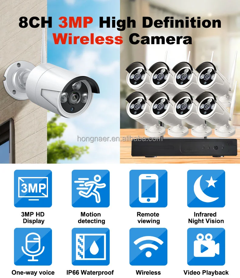 Hongnaer Home 3MP 8 Channel NVR Security CCTV Camera Kit Eseecloud Surveillance System WiFi Wireless Indoor Outdoor CCTV System