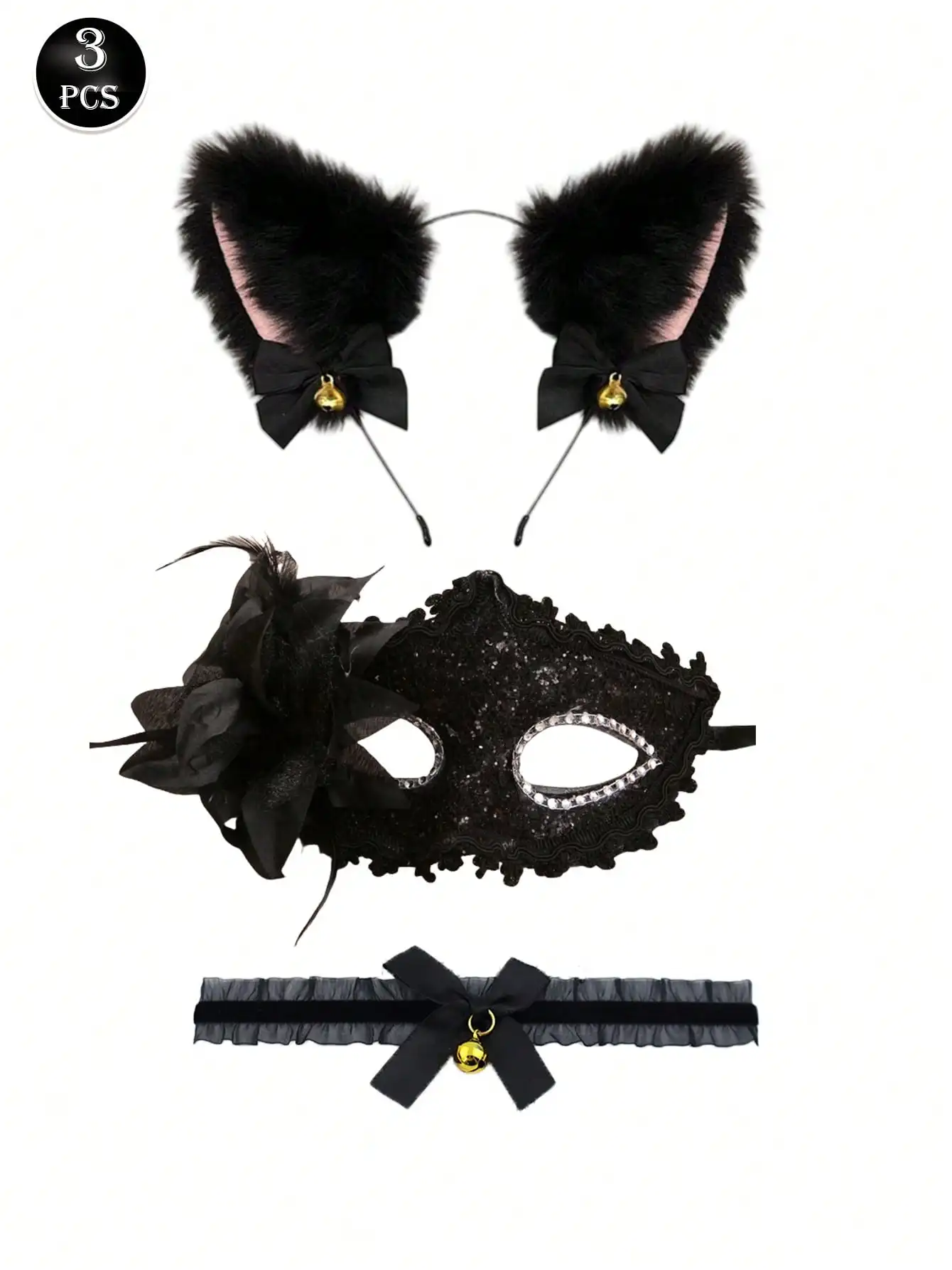 Set de 3 Piezas: Diadema con Orejas de Gato Negras, Antifaz y Liguero para Mujer, Accesorios de Disfraz para Juegos de Rol
