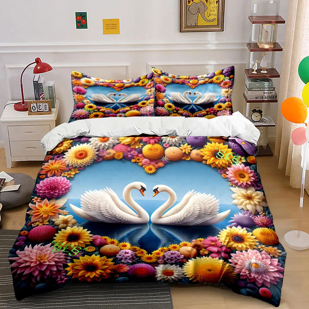 

Swans and Floral Heart Decor Pattern Duvet Cover Set Digital Print Colorful Polyester Bedding with Zipper Closur for kids gifts