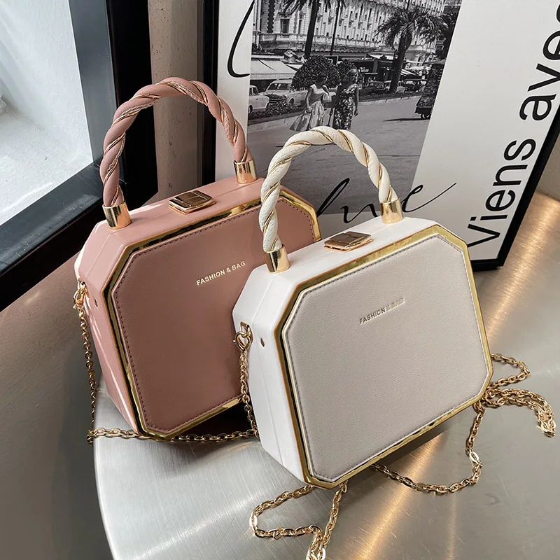 Hard Box Shape PU Leather Crossbody Bag with Short Rope Handle for Women 2022 Shoulder Handbags and Purses Lady Travel Cute Tote