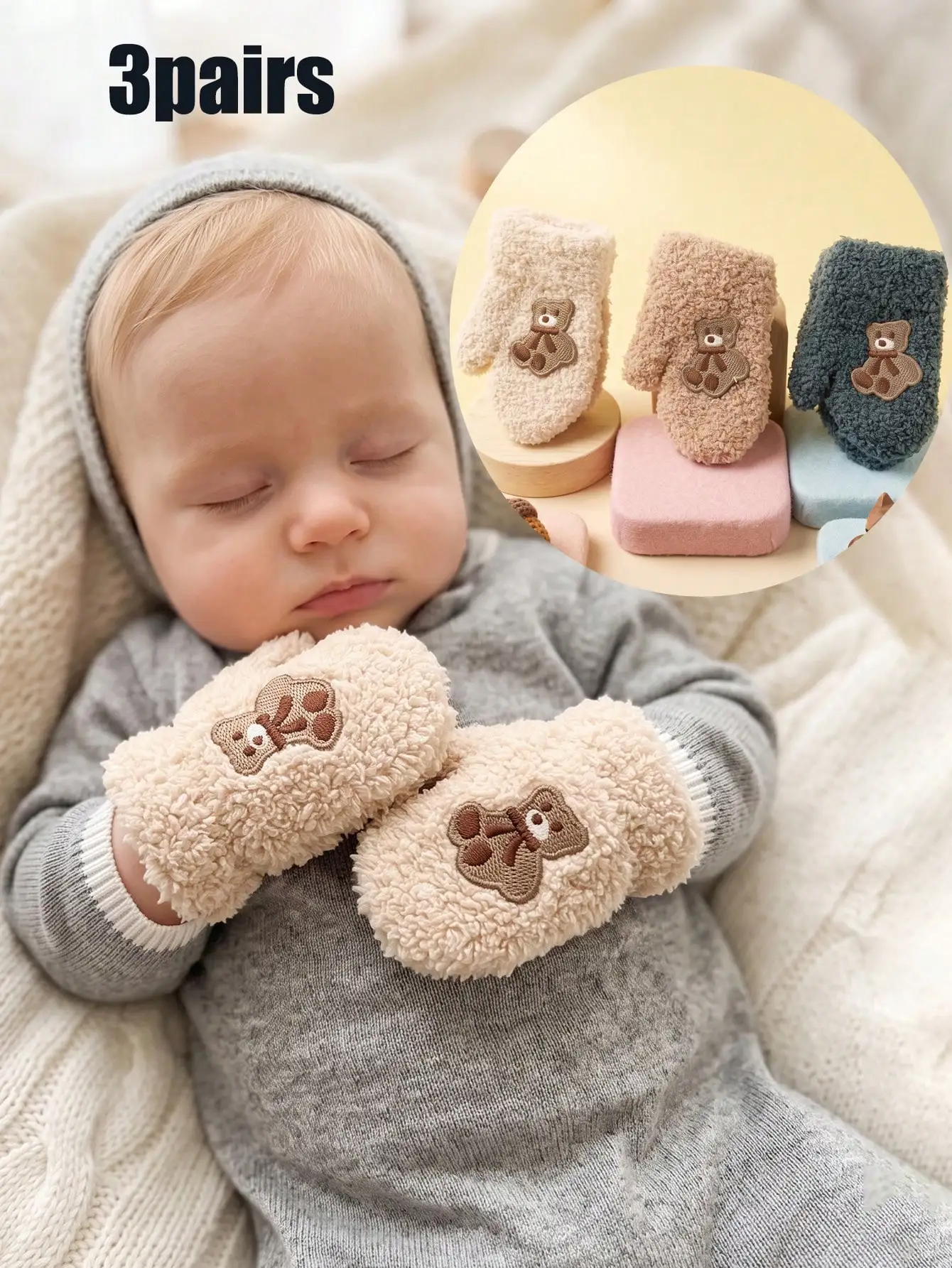 3Pairs 0-12M Boys Toddler Embroidered Bear Mittens Set, Plush Knit Mittens, Candy‑Colored Half‑Velour Gloves for Seasonal
