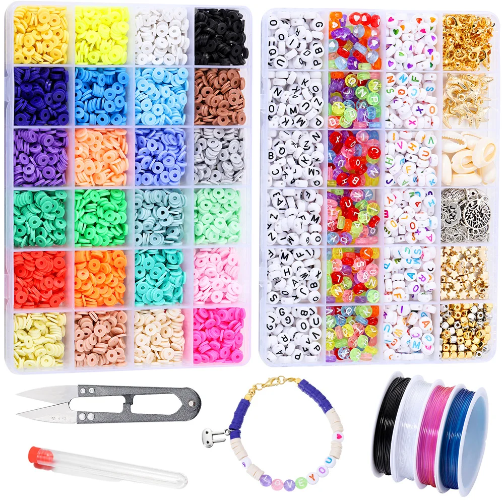 7200pcs/Set Acrylic Letter Beads Clay Bead Jump Ring Elastic Cord Lobster Clasp Jewelry Findings for DIY Necklace Bracelet