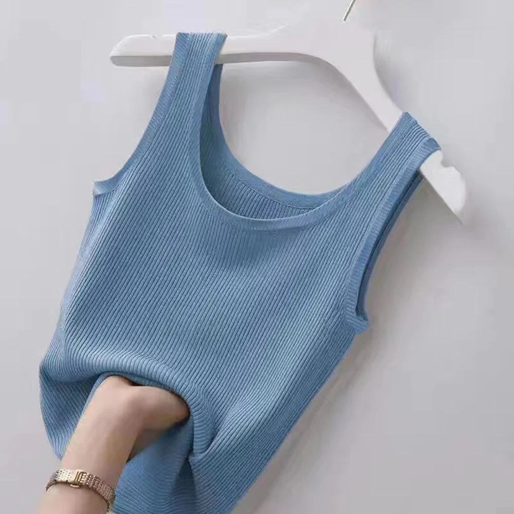 2023 Summer Women's New Solid Color Ice Silk Vest with Bottoming Shirt Threaded Slim Sleeveless Thin Fashion Casual Vest Top