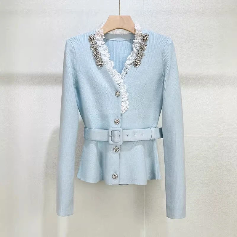 

Весна 2026, женский вязаный открытый кардиган с v-образным вырезом и длинными рукавами, высококачественный модный топ Y2K с тяжелыми украшениями и бриллиантами