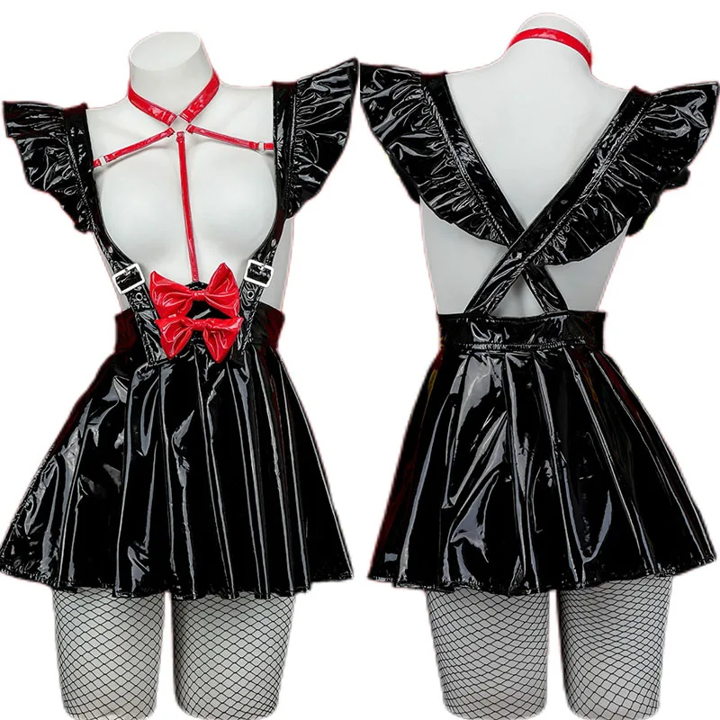 

Anime Witch Pu Leather Cute Dress Cosplay Costume Bow Maid Role Play Underwear Girls Party Outfits Halloween Dress Party Outfits