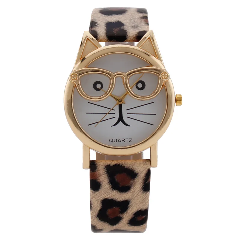 Cartoon Cute Bearded Glasses Kitten Women Quartz Wristwatch Leather Strap Ladies Fashion Watch Casual Female Watches Girl Gifts