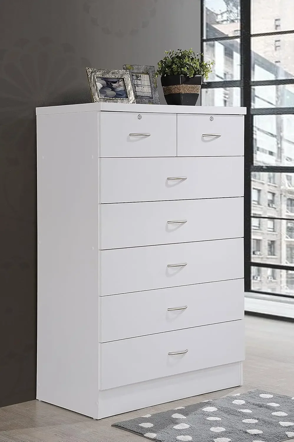 Bedroom, 31.5 inch Wide Chest of Drawers, with 2 Locks on the Top Drawers, Storage Organization Unit for Clothing, White