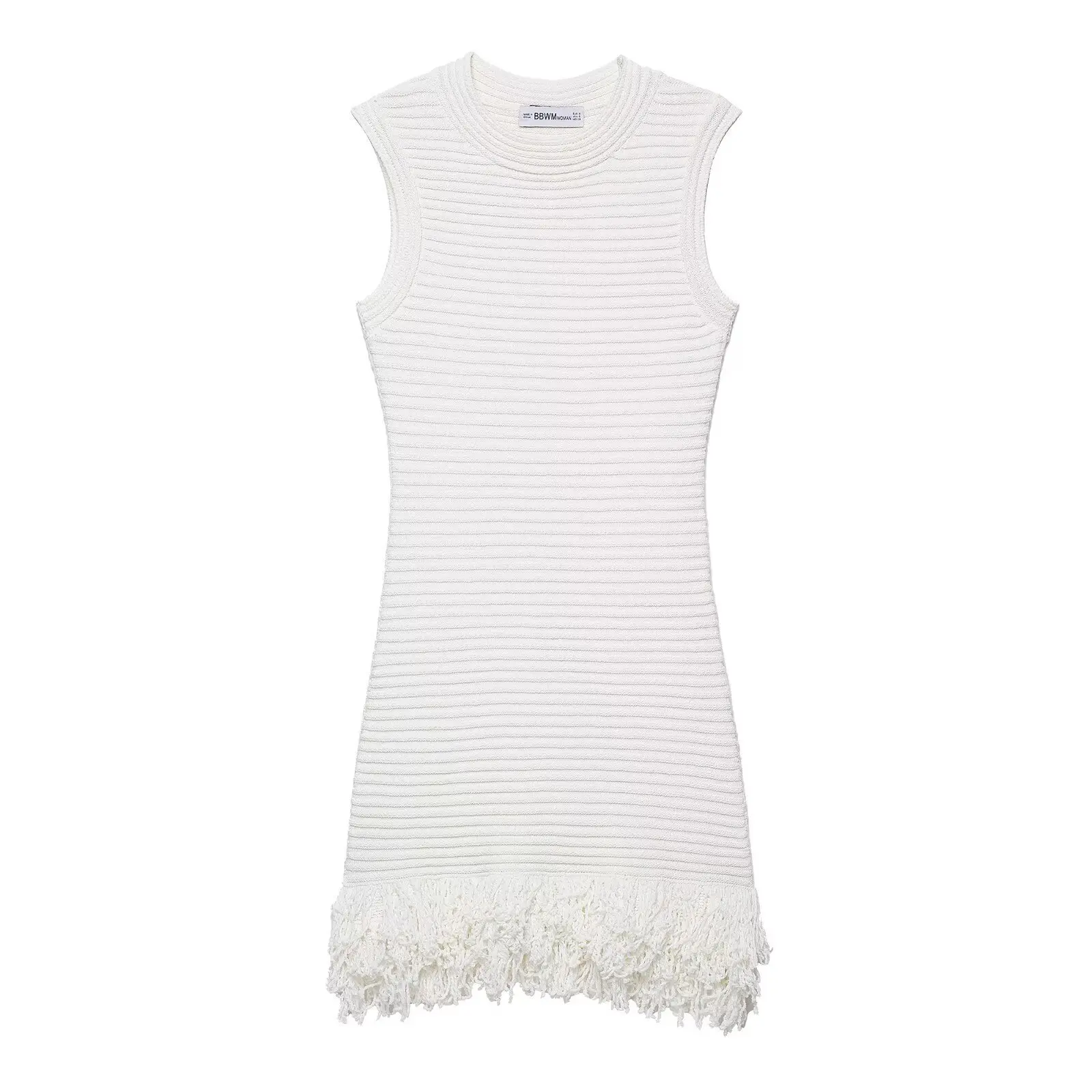 

Elegant White Sleeveless Ribbed Knit Mini Dress for Women Fringe Hem Bodycon Fit Casual Party Night Outfit Summer New