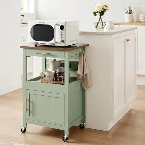 Rolling Kitchen Island Cart, Single Door Cabinet W/Drawer, Sliding Tray, Outlet, Swivel Lockable Wheels, Hooks, Coffee - view 6