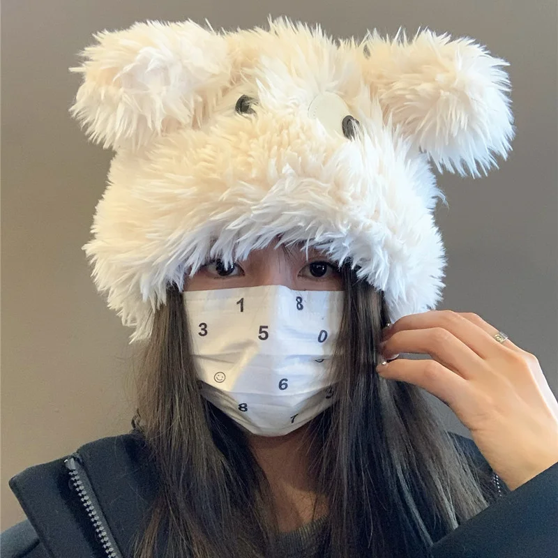 Cute Cartoon Puppy Hat for Women Korean Girl Sweet Big Eyes Plush Cap Winter Warm Outdoor Pullover Hats Fashion Knitted Caps