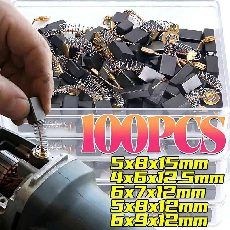 Juego de escobillas de carbón para motor, piezas de repuesto, accesorios para herramientas eléctricas, martillo eléctrico, máquina de corte y pulido, 100/50 Uds.