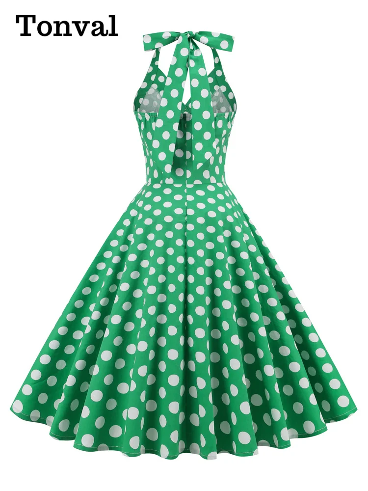 Tonval Grün Halter Neck Taste 50s Vintage Rockabilly Schaukel Kleid mit Taschen Backless Partei Sexy Frauen Polka Dot Kleider