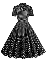Polka Dot Lace Vintage Women Summer Dress Turn-Down Collar Short Sleeve Elegant Party Dresses