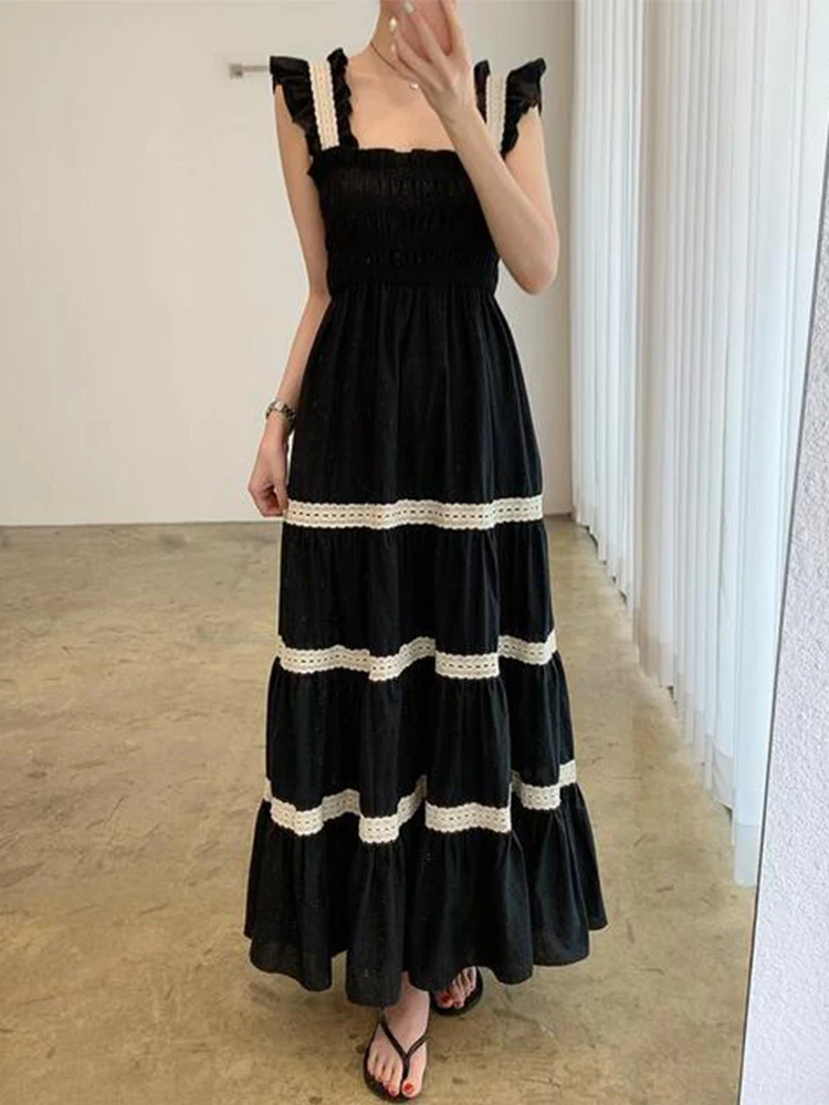 Vestido de Verano E Vintage Antienvejecimiento con Cuello Cuad, Cintura Ajustable con Cordón, Bloques de Color, Ri...