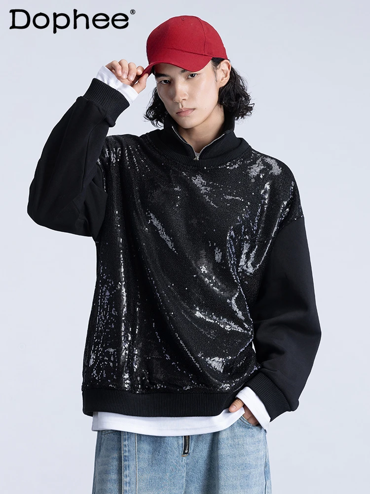 

Male Babysbreath Sequined Loose Stand Collar Niche Design Sweatshirts Men's 2025 Spring New Black Comfort Pullover Sportswears