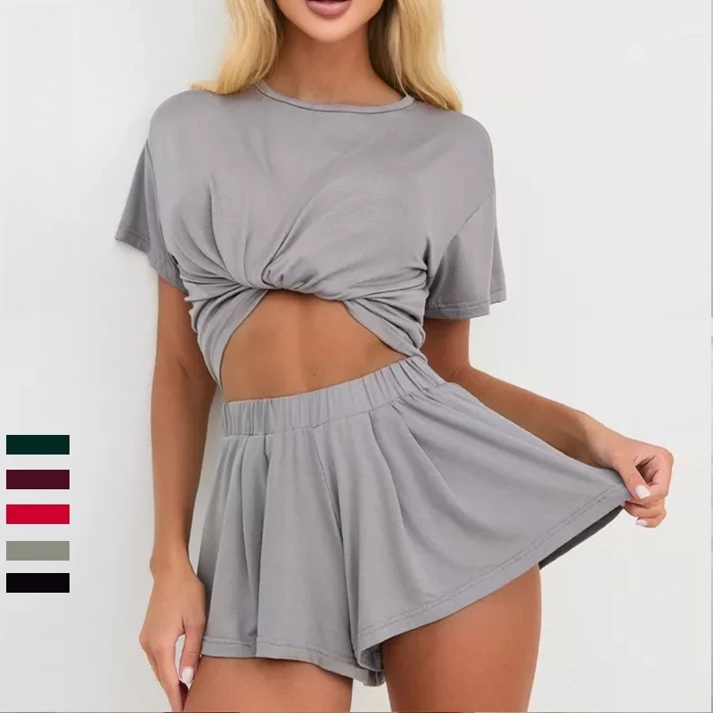 Breathable Modal Pajamas Sets European 2pcs Loungewear Summer Casual Homewear Lady's Crew Neck Shorts Set
