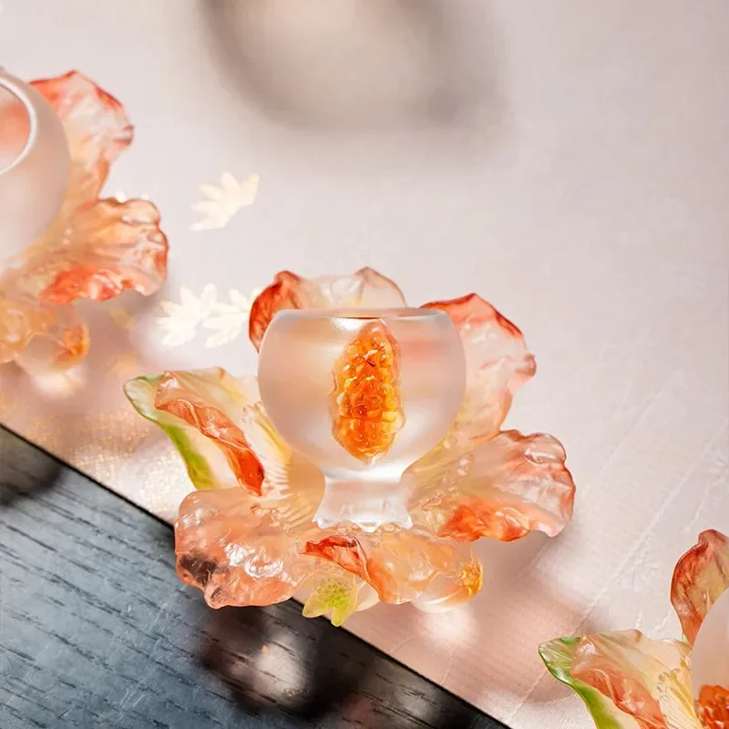 Vintage Glazed Ceramic Tea Cup Set with Pomegranate Flower Coasters Elegant Master Cup for Kung Fu Tea Ceremony Home Table