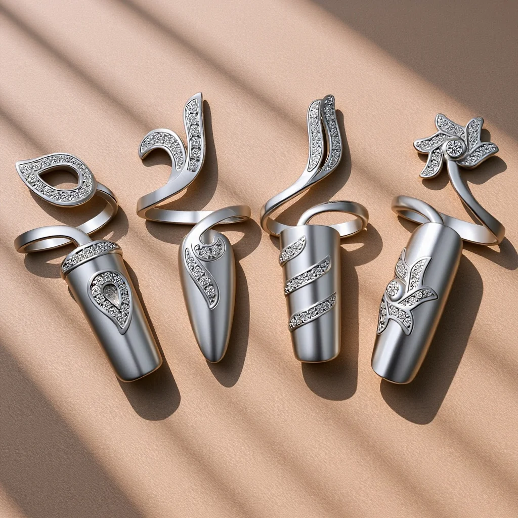 

4Pcs Fashion Nail Rings Women Rhinestone Alloy Fingernail Shaped Decorative Rings Hand Jewelry for Christmas Valentine Wedding